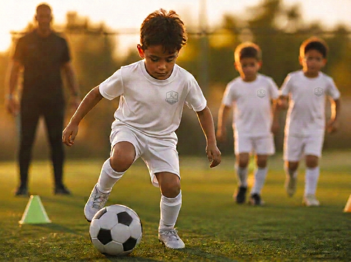 Des enfants en tenue blanche Starting Foot pendant un entraînement de football